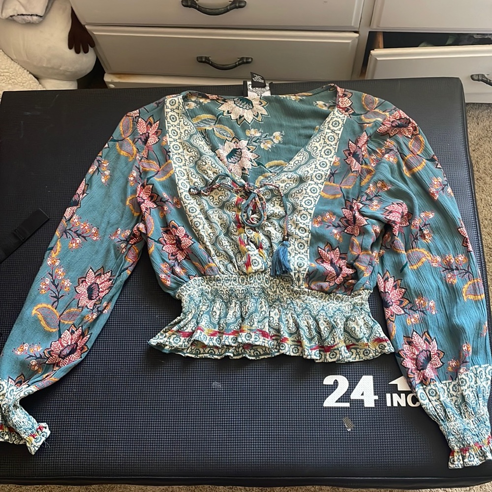 Deep teal floral blouse